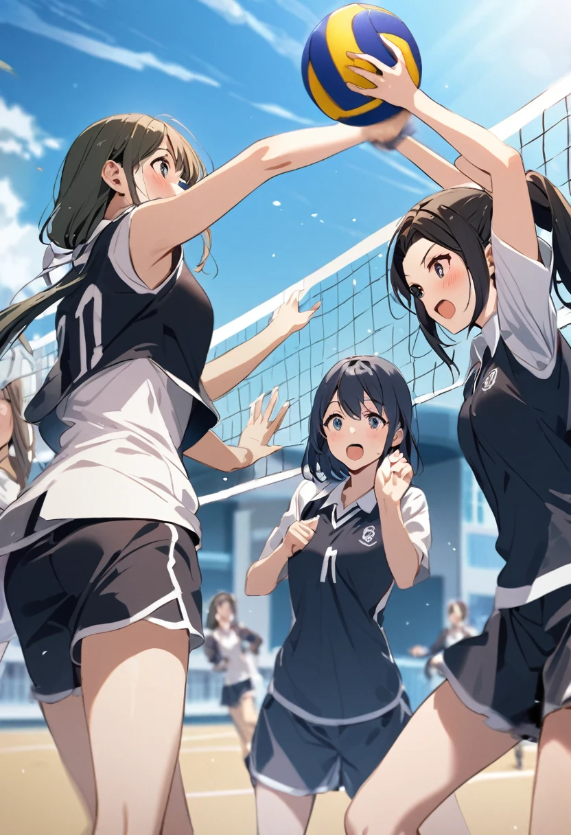 Three girls playing volleyball, answering the ball, They are at their school