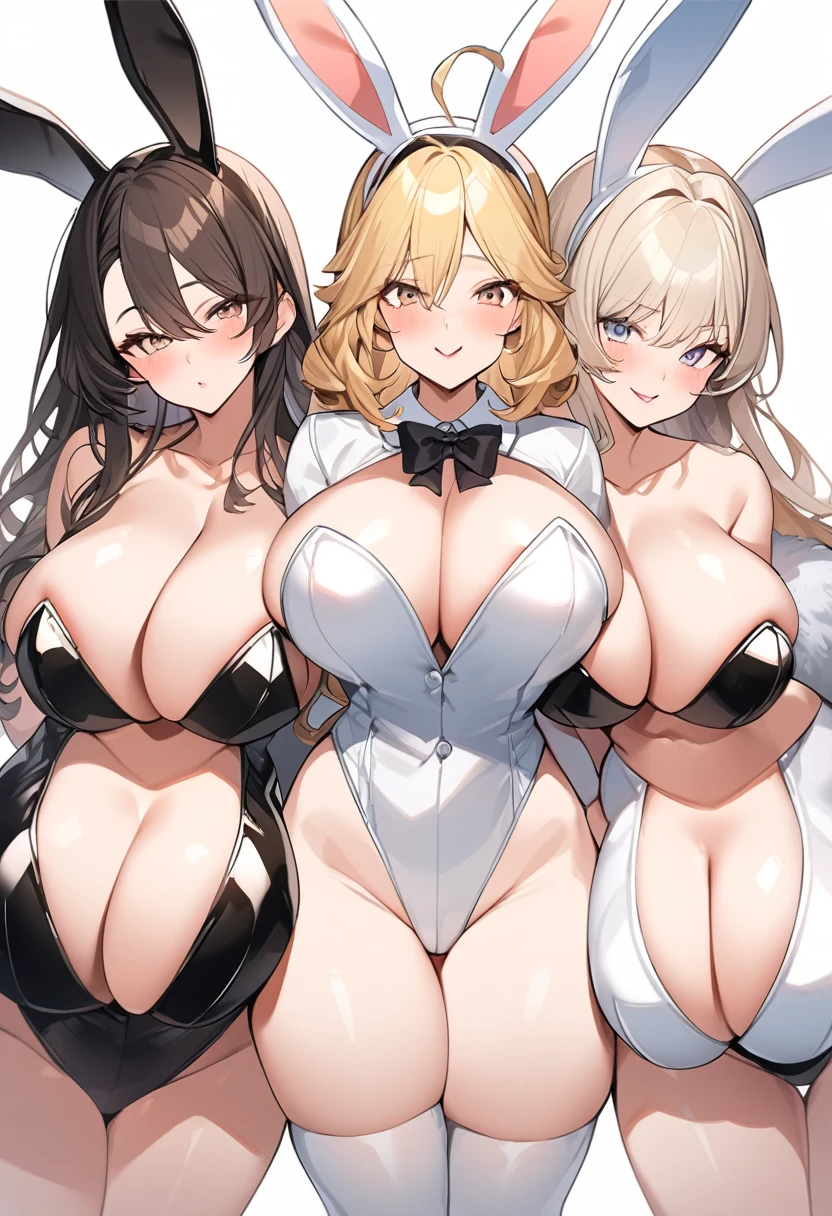 Bust Chart、Inner thighs、(Three Girls、3girls),blonde、Black Hair、Brown Hair、Bunny girl、White rabbit ears、Wrist cuff、Black leotard、Huge breasts:1.5、Saggy breasts:1.5、Long chest:1.3、Saggy breasts:1.5、Everyone please line up facing forward、(Mature Woman、Mature Woman:1.3)、casino、casinoルーム、casinoテーブル、White bunny suit、Black bunny suit、Light blue bunny suit