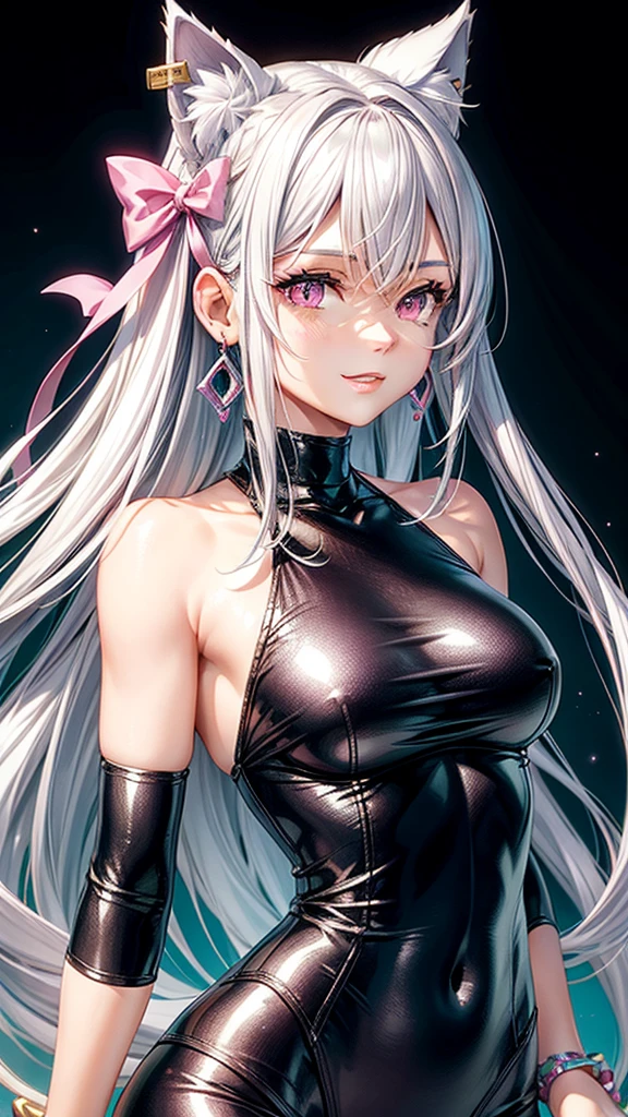 Silver hair, pink eyes, body, cat ears, woman, earrings, fantasy background, aqua clothes, hair bows, happy face
