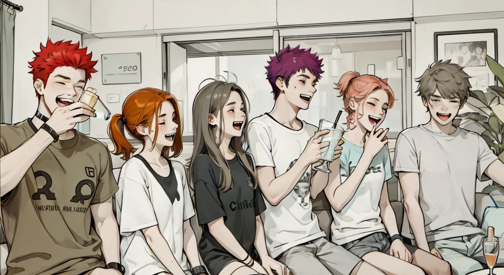 A group of s with t-shirts, there are teenage womnd men, they are happy, singing and laughing at a party, they areing on a sofa enjoying drinks and food.