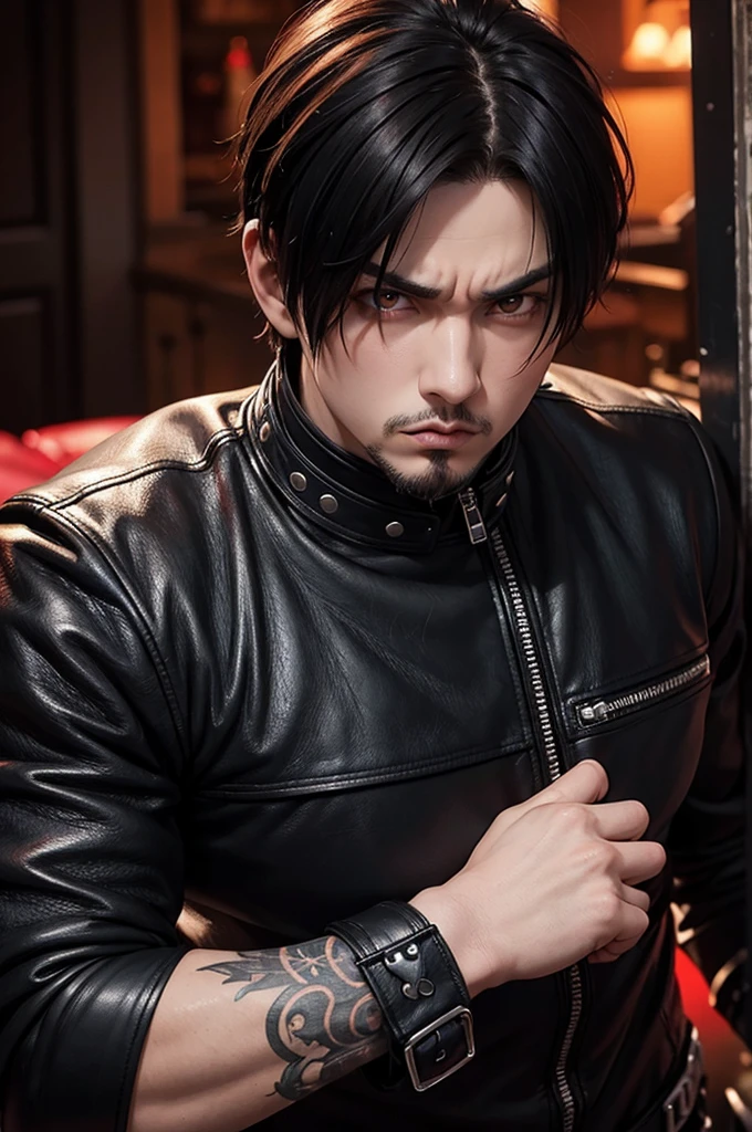 realistic style: round face, emo/goth man with short hair, with bright red eyes, long goatee and serious and intimidating expression, wearing leather clothing, muscular