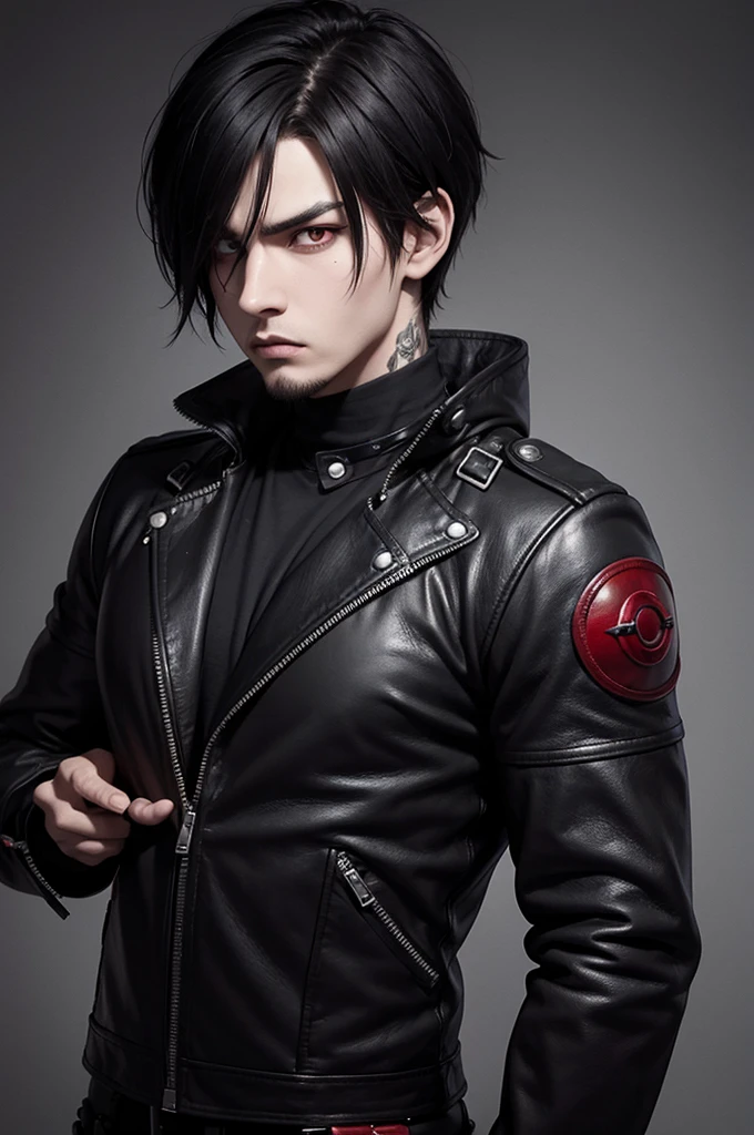 realistic style: round face, emo/goth man with short hair, with bright red eyes, long goatee and serious and intimidating expression, wearing leather clothing, muscular
