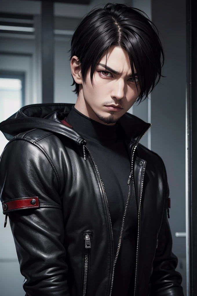 realistic style: round face, emo/goth man with short hair, with bright red eyes, long goatee and serious and intimidating expression, wearing leather clothing, muscular