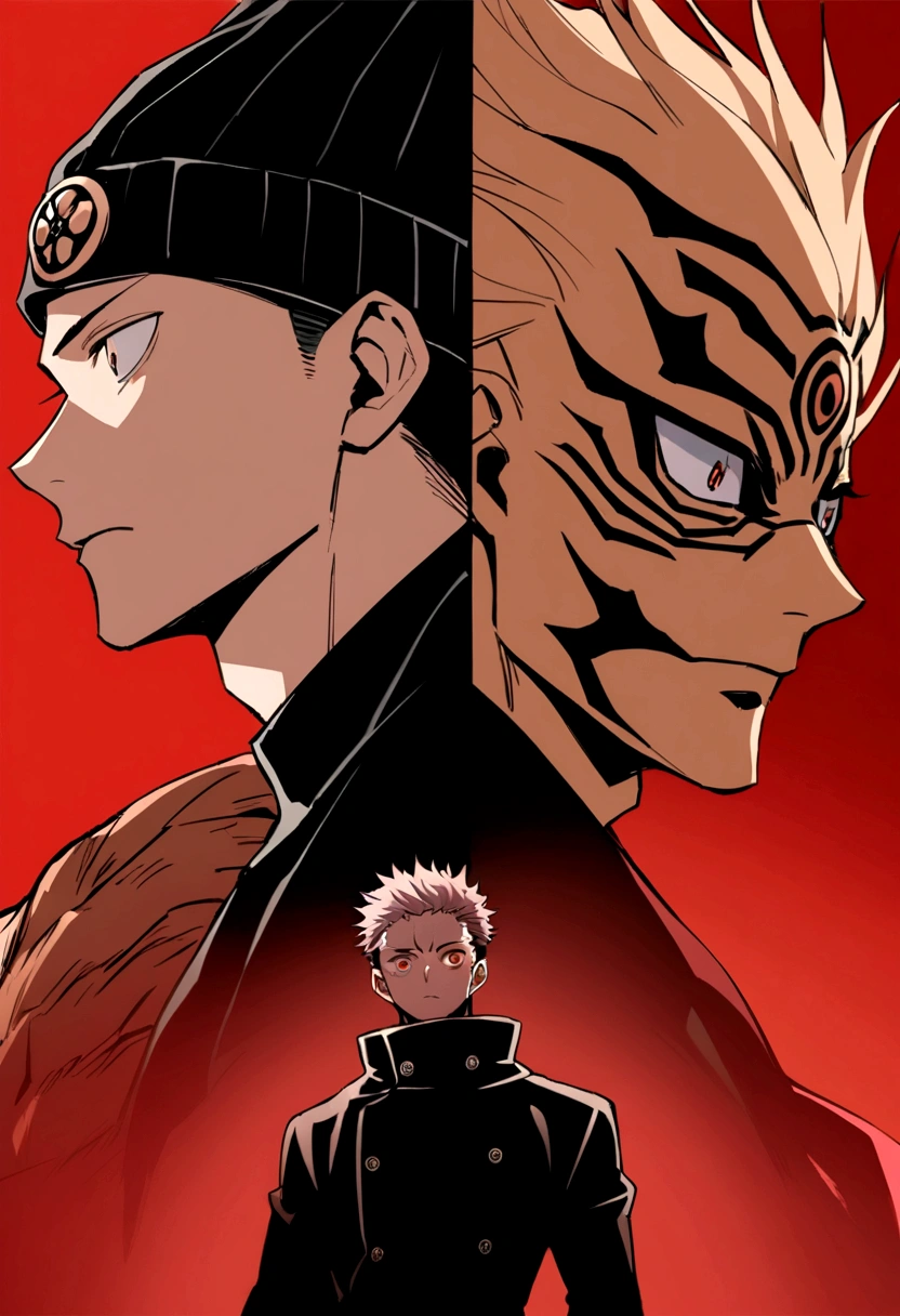 a similar muscular sukuna jujutsu kaisen boy in black clothing in the center with medium long brown hair and a black beanie hat on a black and red background symmetrical image anime