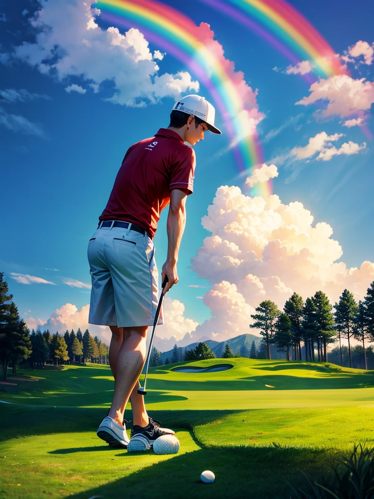 Highest quality,Highest Resolution,Uncle playing golf,Scenic golf course,rainbow,