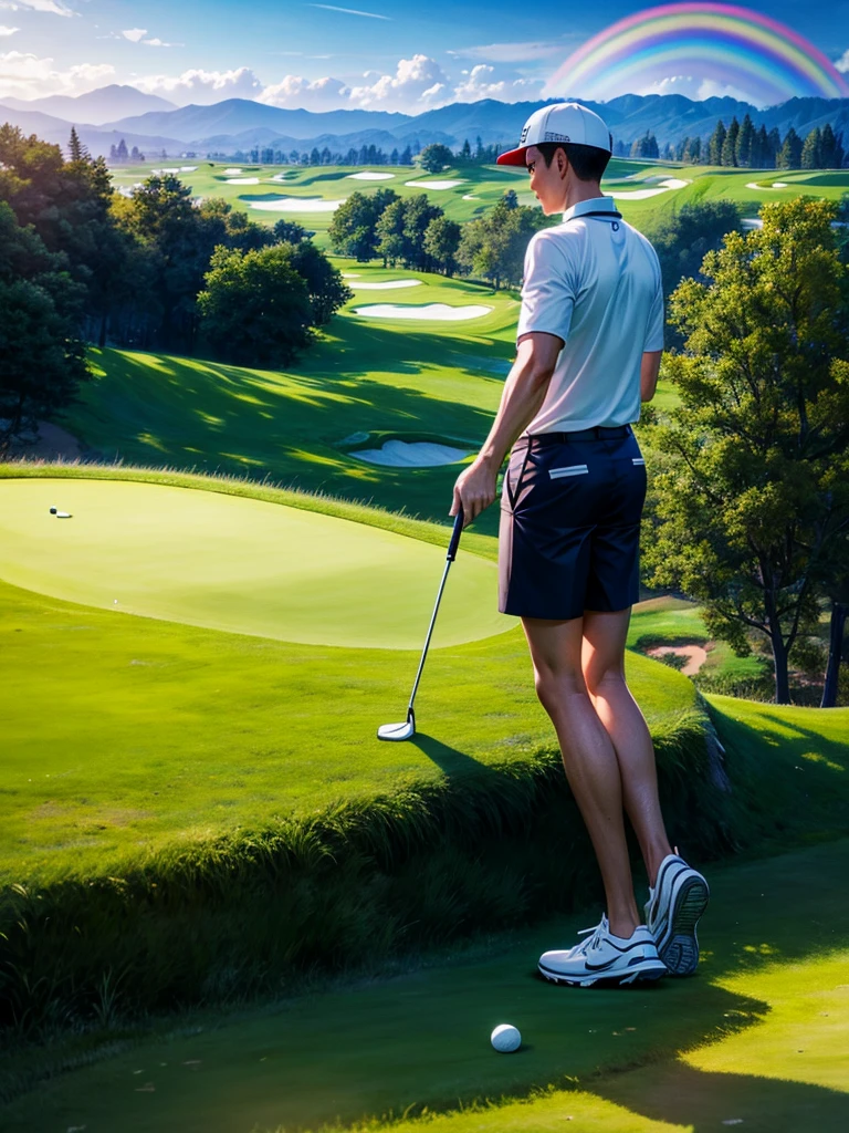Highest quality,Highest Resolution,Uncle playing golf,Scenic golf course,rainbow,