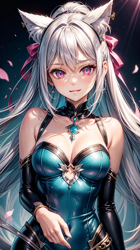 Silver hair, pink eyes, body, cat ears, woman, earrings, fantasy background, aqua clothes, hair bows, happy face