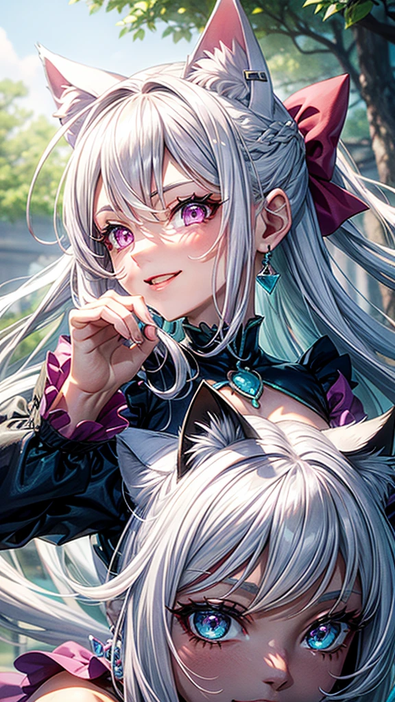 Silver hair, pink eyes, body, cat ears, woman, earrings, fantasy background, aqua clothes, hair bows, happy face