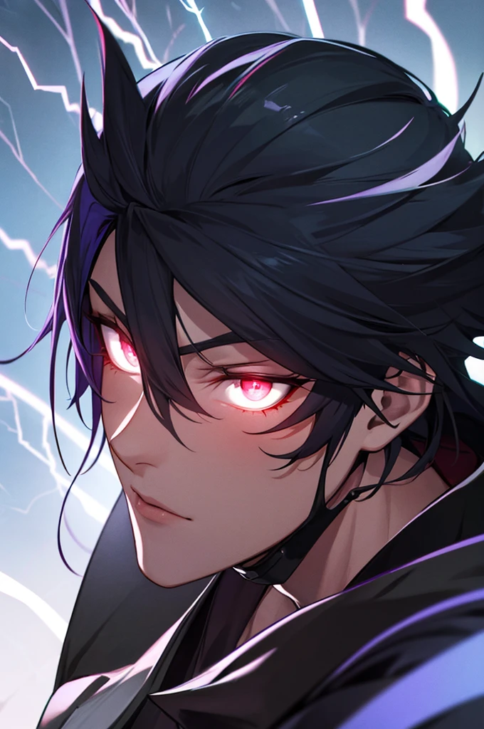 Anime Reality, detailed anime, anime styling, super verbose, high details, masterpiece, high quality, high resolution, 1man, anime male, intense face, black hair, black haired anime man, spiky hair, anime hair, glowing eyes, blue glowing eyes, blue eyes, dark skin, covered mask, covering mouth, red mask, action pose, lightning background, lightning aura, holding sword, close shot, portrait,