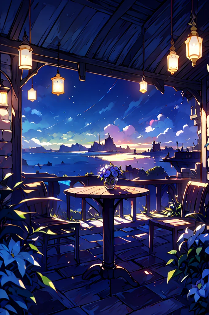 Very detailed,Pieces fly, Highest quality, Anime Images, Anime style etc.., Hired \(Genshin Impact\), Sit at the table, View from above, smile, 1 Girl, Twin Horn, ticker,Fits your body type, I can see the pussy , blush, Colorful pastel fantasy,Sexy pose,Very detailed background,Nice views,Beautiful and beautiful scenery,((Very detailed landscape)),Incredibly high quality,Night Sky