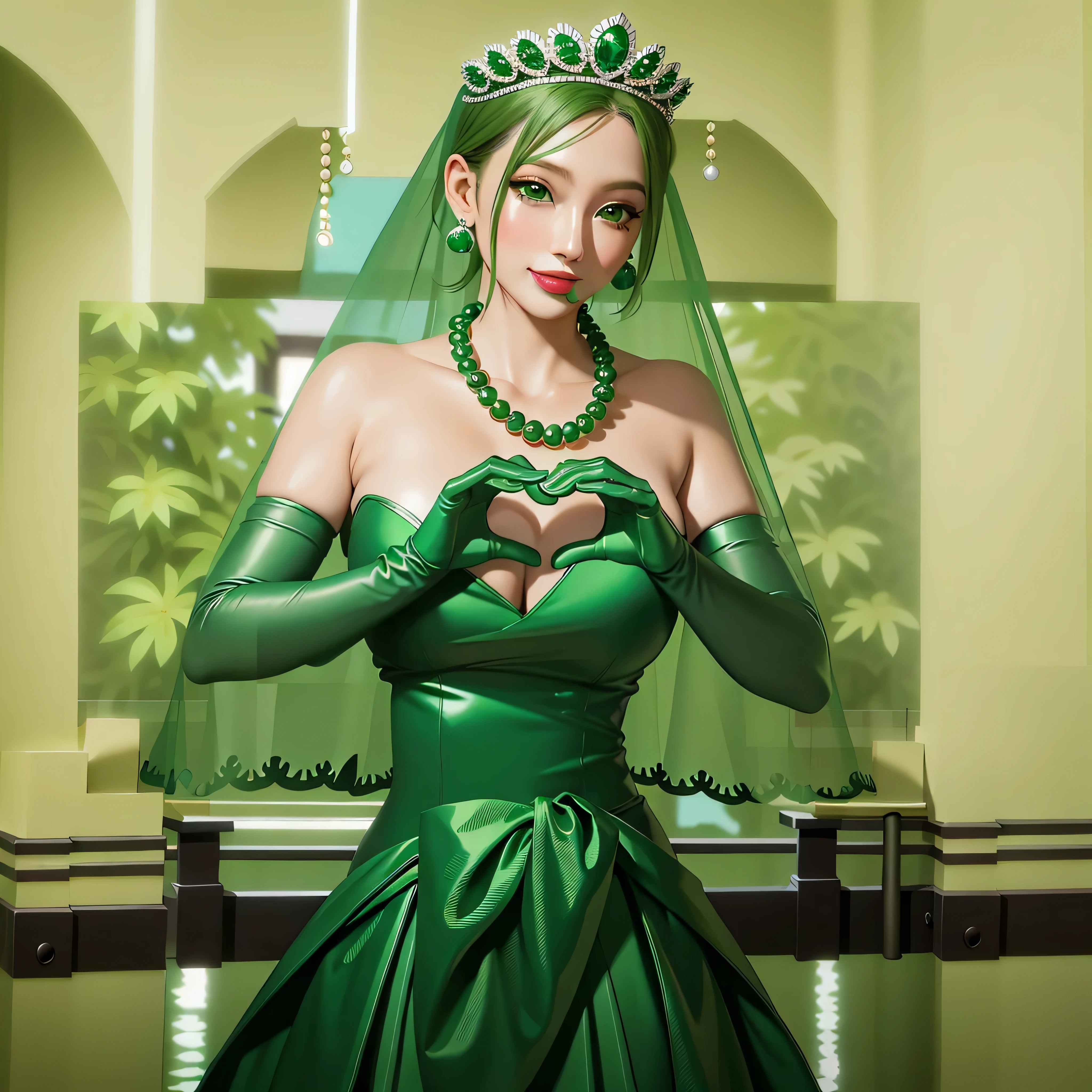 emerald tiara, Green Pearl Necklace, Boyish very short green hair, Green Lips, Smiling Japanese woman, Very short hair, Busty beautiful lady, Green Eyes, Green satin long gloves, Green Eyes, Emerald Earrings, Green veil, Heart with both hands, Green Hair, Beautiful Japanese Woman, Heart shaped hands:1.3, green lip gloss
