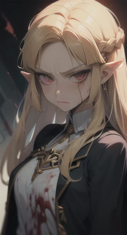 Sweating, Princess Zelda, school's uniform, blood everywhere, girl covered in blood, looking at viewer pissed, front view,