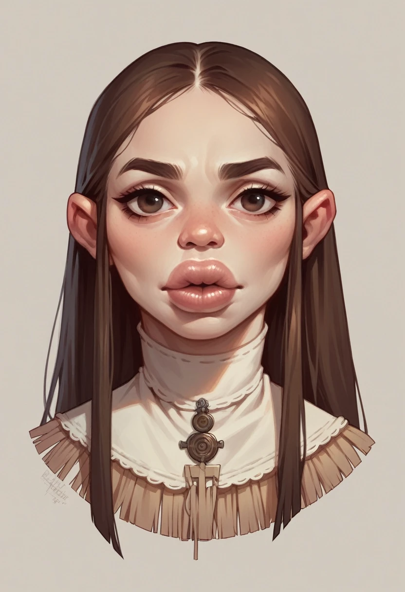 Blythe doll with hair black, eyes Brown, Big lips, nose long, skin white, arched eyebrows, fringe