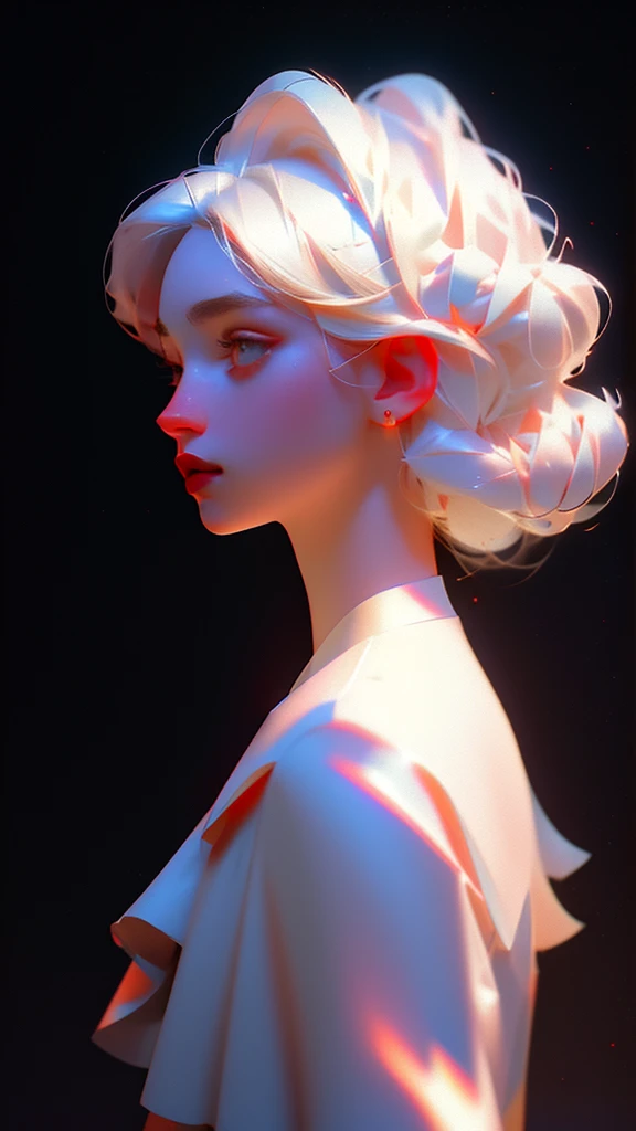 highest quality image,The perfect masterpiece,perfect work of art,8k,(Upper body portrait:1.5),(((Seen from the side:1.2))),close-up lens,delicate face , white-haired woman,(hakuhatsu:1.3),long hair,(black background:1.3),pearl illusion,cyberpunk,fashion trend,3s material,high definition,detailed rendering,c4d,3d,octane rendering,path lightning, complex details, animated lighting, OCRenderer, 8k,