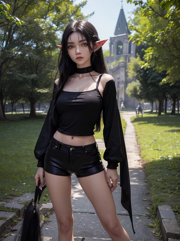 ((ultra realisitic)), ((picture-perfect)), ((face perfect)), ((ultra detaild)), ((fully body)), ((perfectbody)), ((sympathy)), ((demon girl)), ((pointed ears)), ((adolescent)), uma garota de cabelos preto e greeneyes com chifres e cauda, wearing a short spaghetti strap shirt and fitted shorts((Clothes of the Middle Ages)), standing within a quarter of the middle ages, ((greeneyes)), ((vertical black pupil)), ((blackquality hair)), ((Ancient times)), ((hair medium sized)), ((medieval clothes))