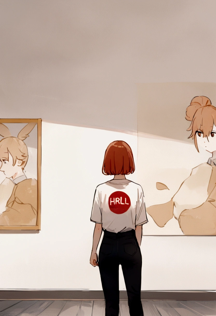 work of art, best qualityer, standing alone, 1 girl, russet hair, eyes browns, looking at the spectator, wearing a shirt that says Harl.