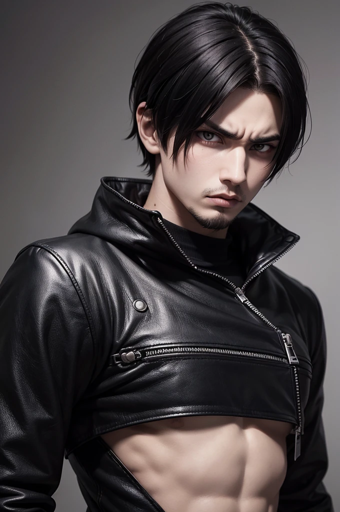 realistic style: round face, emo/goth man with short hair, with bright red eyes, long goatee and serious and intimidating expression, wearing leather clothing, muscular