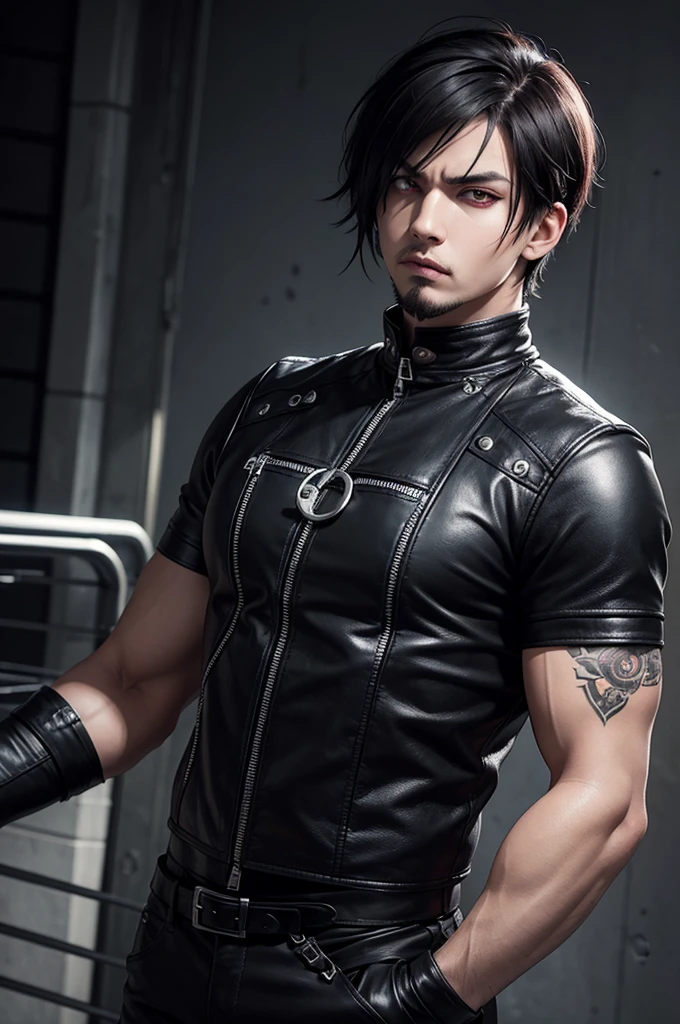 realistic style: round face, emo/goth man with short hair, with bright red eyes, long goatee and serious and intimidating expression, wearing leather clothing, muscular