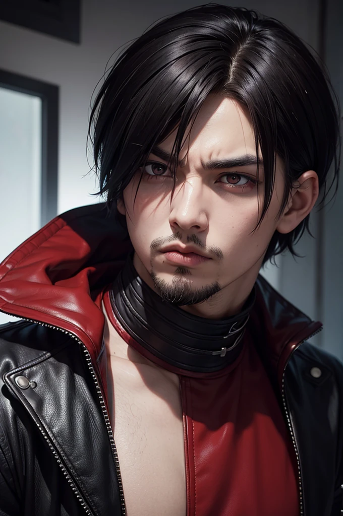 realistic style: round face, emo/goth man with short hair, with bright red eyes, long goatee and serious and intimidating expression, wearing leather clothing, muscular