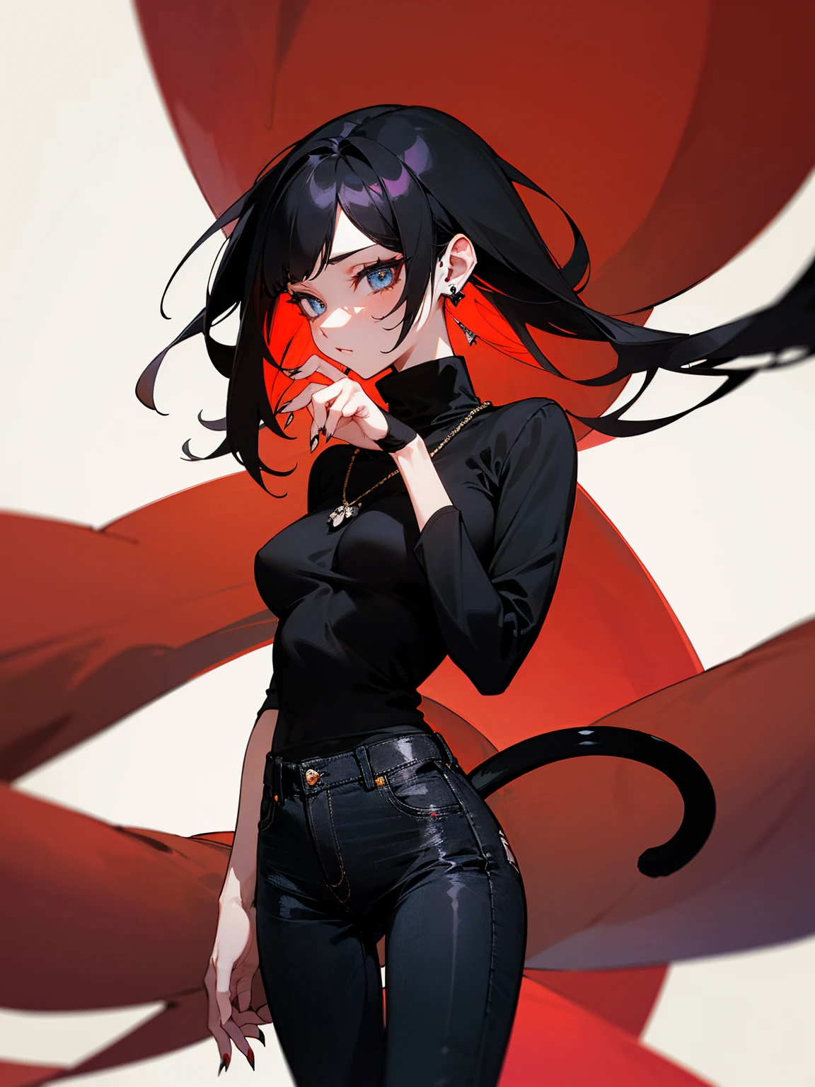 ((Long Straight Black hair)), Perfect face, Choker, Punk earrings, ((Tall)), ((High Quality)), Necklace, ((Mature)), Pretty Eyes, Sharp Nails, Bangs, ((1 Girl)), Hot, ((Multiple Earrings)), Natural Tits, 1 girl, Beautiful, Sexy, Spiky Earrings, Adult, Spiked Collar, Thin Eyelashes, Plain Background, Red Colors in Background, Lewd, Orgasmic, Horny, Dark Colors, Slender Body, Cat Girl, Long Tail, Large Tail, Massive Tail, Black Tail, ((Black Jeans)), ((Black Turtleneck Sweater)), Thick Thighs, Close Up, ((Small Tits)),