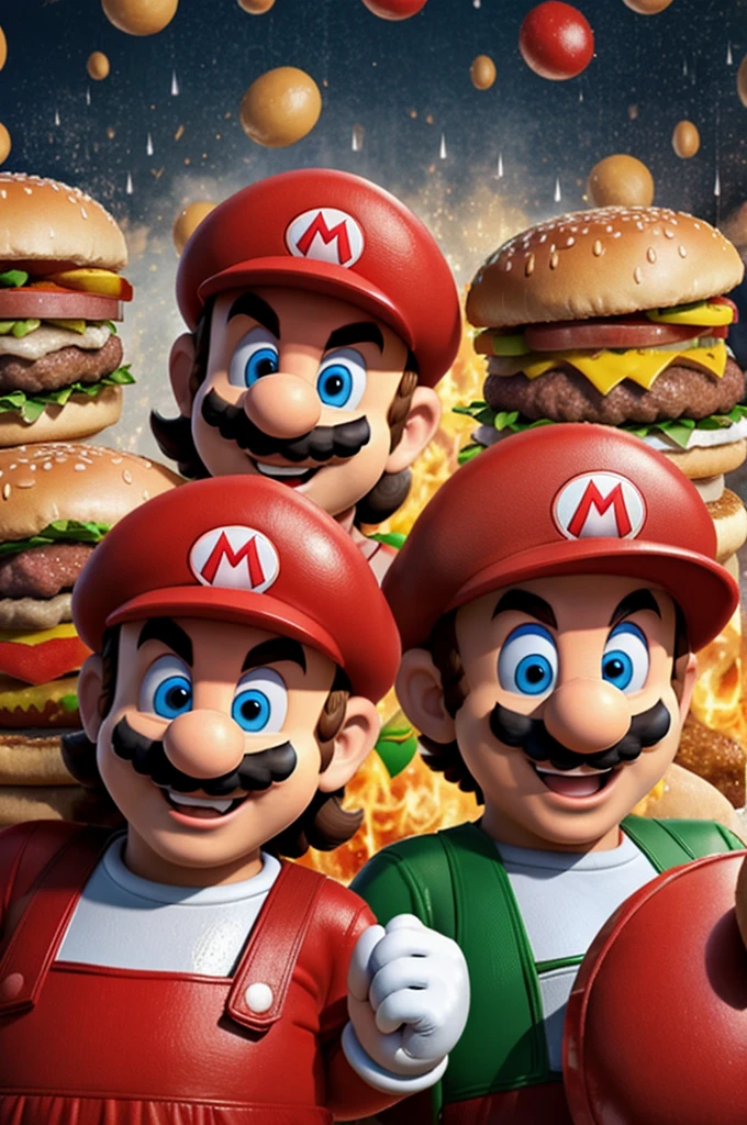 Mario Bros smiling dressed in red with rain of hamburgers in the cartoon background