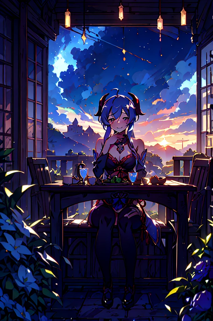 Very detailed,Pieces fly, Highest quality, Anime Images, Anime style etc.., Hired \(Genshin Impact\), Sit at the table, View from above, smile, 1 Girl, Twin Horn, ticker,Fits your body type, I can see the pussy , blush, Colorful pastel fantasy,Sexy pose,Very detailed background,Nice views,Beautiful and beautiful scenery,((Very detailed landscape)),Incredibly high quality,Night Sky