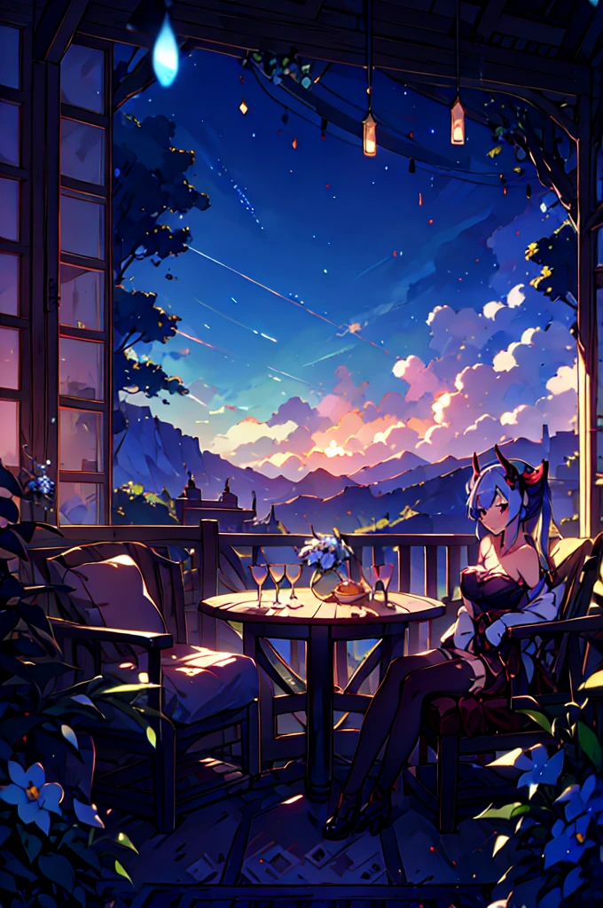 Very detailed,Pieces fly, Highest quality, Anime Images, Anime style etc.., Hired \(Genshin Impact\), Sit at the table, View from above, smile, 1 Girl, Twin Horn, ticker,Fits your body type, I can see the pussy , blush, Colorful pastel fantasy,Sexy pose,Very detailed background,Nice views,Beautiful and beautiful scenery,((Very detailed landscape)),Incredibly high quality,Night Sky