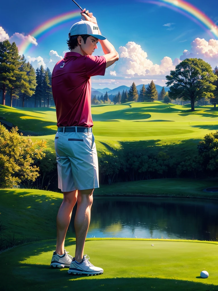 Highest quality,Highest Resolution,Uncle playing golf,Scenic golf course,rainbow,