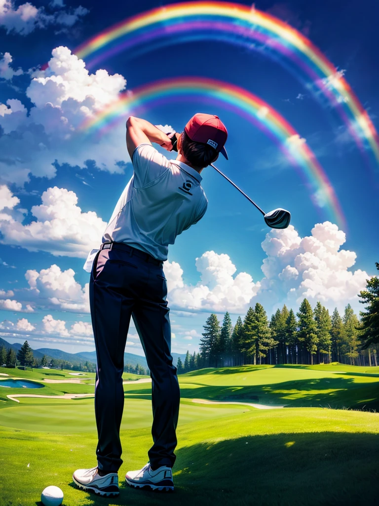 Highest quality,Highest Resolution,Uncle playing golf,Scenic golf course,rainbow,