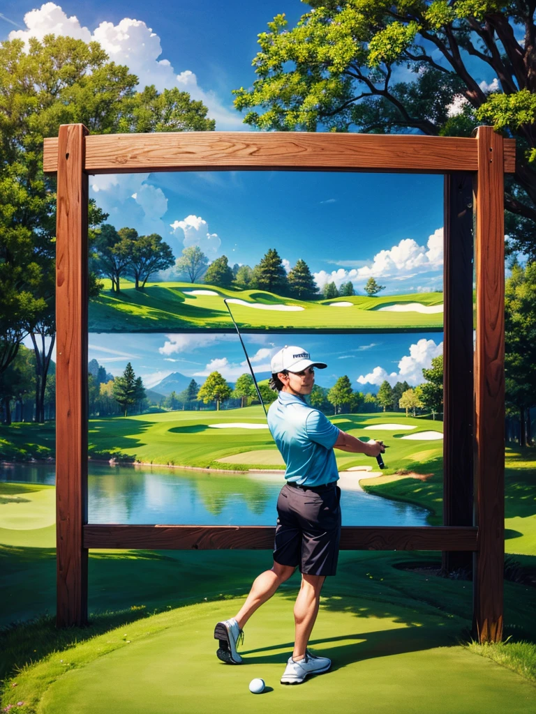Highest quality,Highest Resolution,Uncle playing golf,Scenic golf course,rainbow,