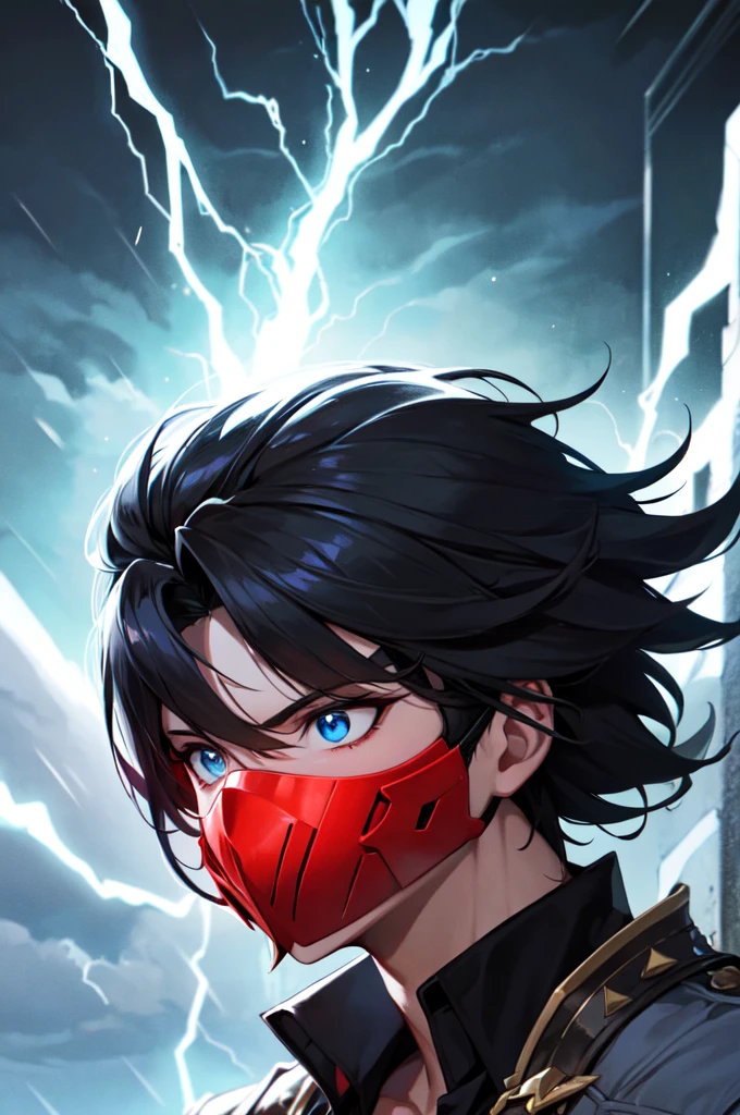Anime Reality, detailed anime, anime styling, super verbose, high details, masterpiece, high quality, high resolution, 1man, anime male, intense face, black hair, black haired anime man, spiky hair, anime hair, glowing eyes, blue glowing eyes, blue eyes, dark skin, covered mask, covering mouth, red mask, action pose, lightning background, lightning aura, holding sword, close shot, portrait,