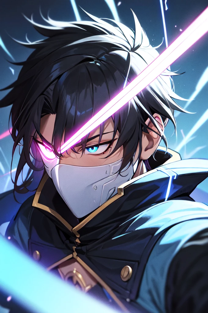 Anime Reality, detailed anime, anime styling, super verbose, high details, masterpiece, high quality, high resolution, 1man, anime male, intense face, black hair, black haired anime man, spiky hair, anime hair, glowing eyes, blue glowing eyes, blue eyes, dark skin, covered mask, covering mouth, red mask, action pose, lightning background, lightning aura, holding sword, close shot, portrait,
