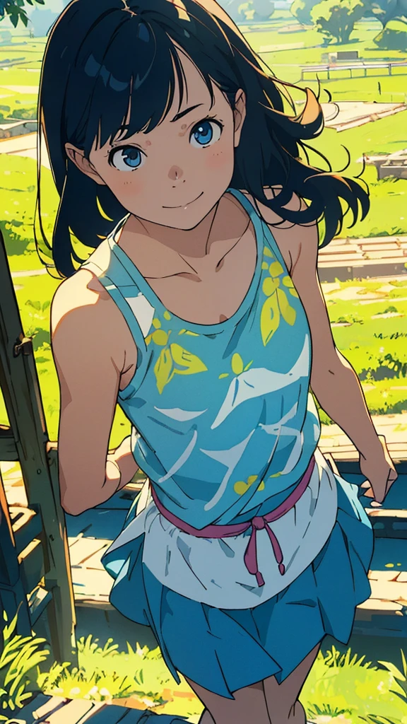 reasonable design, Clear lines, High Sharpness, (highest quality,8K,Perfect sharpness,Ultra fine,High resolution,masterpiece:1.2), Perfect Anatomy:1.5, Official Art, Illustrations that tell a story, (Whitish background:0. 9)、Body Positivity、More Mr.Physical expression、(Random and mischievous poses)、Perfect beauty、Perfect beautiful face、Strong winds、A rich expression、Dynamic composition、smile、Golden ratio composition、colorful、(Mr.Different angles and perspectives)、anime art、mini skirt、(Overcoming stereotypes)、 Glowing Skin、(Natural beauty)、smile、bangs、Straight Hair、(Soft and flowing hair)、(Rural Scenery)、(Nostalgic atmosphere)、Insert up to the thighs、(Playful and carefree)、(More Mr.Ethnic characters)、(innocent attitude)、(Sunny atmosphere)、Skirt flipped up、(Bright colors)、Belly button exposed、Beautiful Eyes、A skirt fluttering in the wind、Put it in to your feet、Some composition patterns、Tank top、Angle from above、sensuous、Geometric pattern、