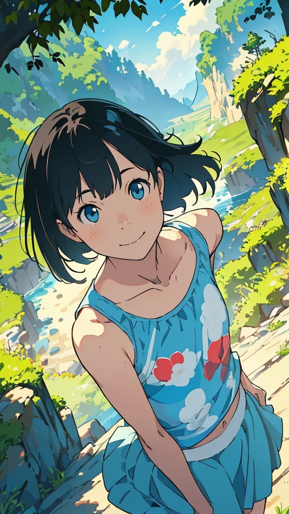 reasonable design, Clear lines, High Sharpness, (highest quality,8K,Perfect sharpness,Ultra fine,High resolution,masterpiece:1.2), Perfect Anatomy:1.5, Official Art, Illustrations that tell a story, (Whitish background:0. 9)、Body Positivity、More Mr.Physical expression、(Random and mischievous poses)、Perfect beauty、Perfect beautiful face、Strong winds、A rich expression、Dynamic composition、smile、Golden ratio composition、colorful、(Mr.Different angles and perspectives)、anime art、mini skirt、(Overcoming stereotypes)、 Glowing Skin、(Natural beauty)、smile、bangs、Straight Hair、(Soft and flowing hair)、(Rural Scenery)、(Nostalgic atmosphere)、Insert up to the thighs、(Playful and carefree)、(More Mr.Ethnic characters)、(innocent attitude)、(Sunny atmosphere)、Skirt flipped up、(Bright colors)、Belly button exposed、Beautiful Eyes、A skirt fluttering in the wind、Put it in to your feet、Some composition patterns、Tank top、Angle from above、sensuous、Geometric pattern、
