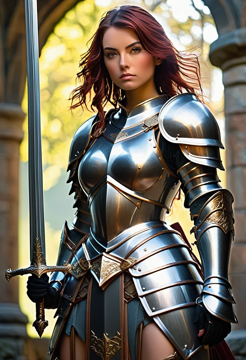 an image of a woman standing, in armor with sword, girl in knight armor, beautiful armor, stunning armor, knight, girl in armor, wearing fantasy armor, no lower part, showing genitalia, thick armor, armor very elegant costume , female armor , photogenic details on the armor,