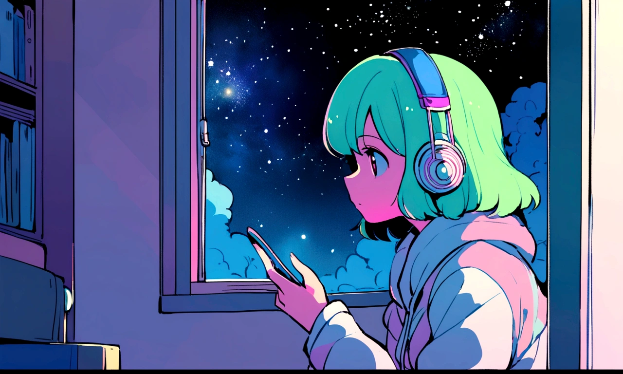 Lo-fi girl, listening to music, in her room looking out the window, gazing at the stars.