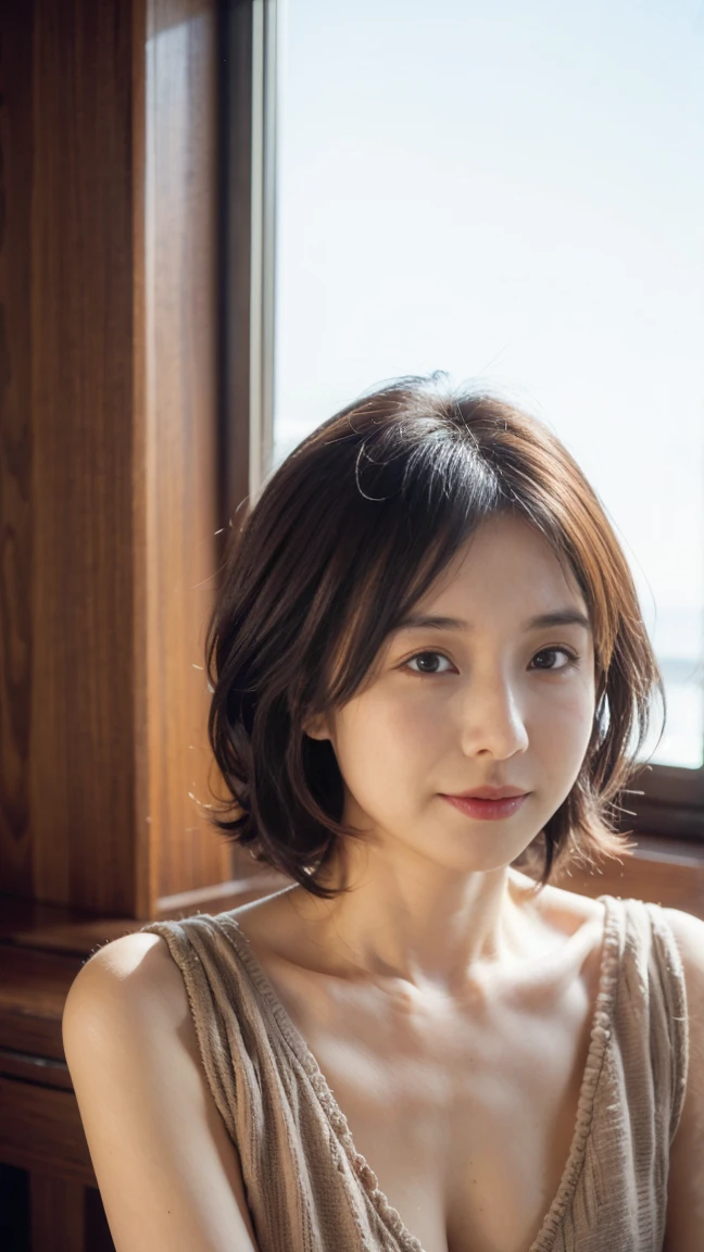 (masterpiece:1.3), (8K, realism, Original photo, Best image quality: 1.4), Japanese women、(Random hairstyle:1.2)、Cleavage:1.2、Highly detailed face、Eye on the details、double eyelid、Chest to chest、Sharp focus:1.2、Beautiful woman:1.4、Light brown hair、Highest quality、masterpiece、Ultra-high resolution、(realism:1.4)、高度细致and专业的灯光、smile、Loose and lightweight knitwear、Shoulders outward、thin and long、short hair、 The background is a traditional room，Surrounded by warm and inviting colors。(flower)，房间采用柔and的照明，Create a romantic atmosphere。家具and织物的暖色调and纹理为场景增添了一丝舒适感。Overall image quality reaches the highest standards，强调超细节渲染and照片级realism效果。Bright colors，灯光柔and而动态强了场景的深度and维度。[Realistic lighting]、[Bright colors]and[柔and的阴影]Contribute to the overall visual appeal。场景的构图and取景都是精心制作的，这是一部以最大的现实主义and艺术技巧描绘and浪漫本质的杰作。