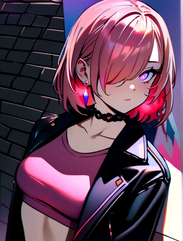 (Masterpiece, Best Quality, 1 girl, Alone, intricate details, chromatic aberration), realist, ((medium breath)),wide, pink hair, red head ornament, pink highlights, hair over one eye,purple eyes, earrings, sharp eyes, choker, neon shirt, open jacket, crop top, (symmetry eyes),(Perfect symmetrical body),against the wall, brick wall, graffiti, dim lighting, alley ,look at the viewer