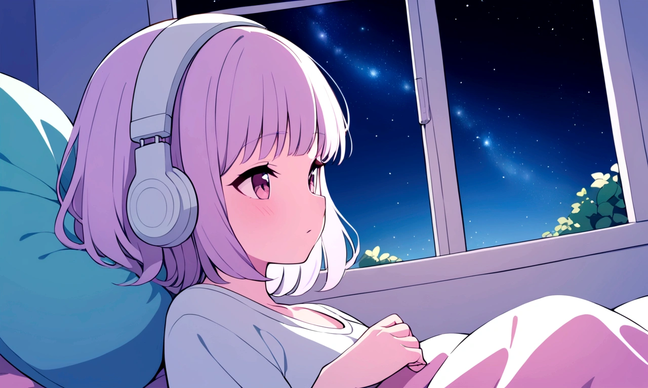 Lo-fi girl, listening to music, in her room looking out the window, gazing at the stars.