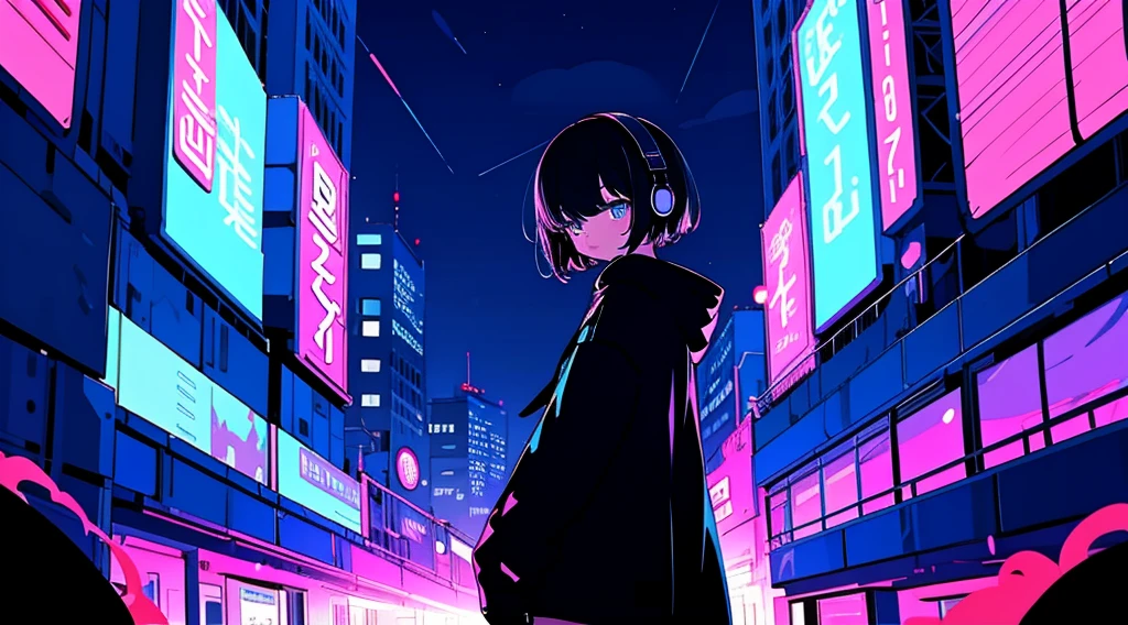 Black short Hair, Black Clothing, One Adult Woman Looking Sideways ,Blue headphones、 City of night, Delicate background、Masterpiece、Night Town、night、dark、Nostalgic、