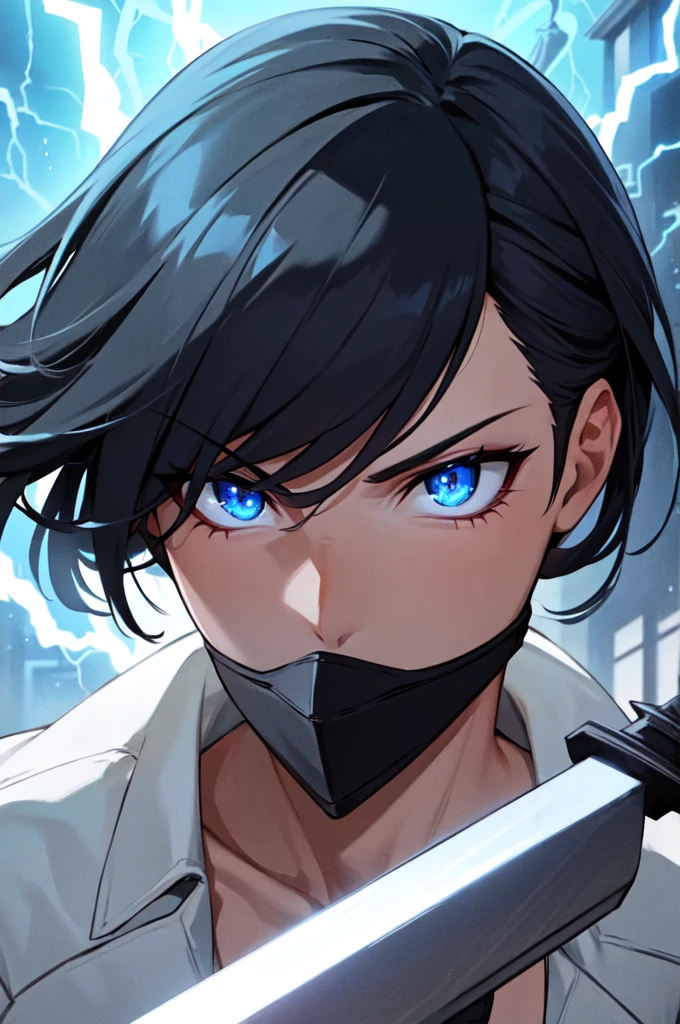 Anime Reality, detailed anime, anime styling, super verbose, high details, masterpiece, high quality, high resolution, 1man, anime male, intense face, black hair, black haired anime man, spiky hair, anime hair, glowing eyes, blue glowing eyes, blue eyes, dark skin, covered mask, covering mouth, red mask, action pose, lightning background, lightning aura, holding sword, bloody sword, looking at viewer, close shot, portrait,