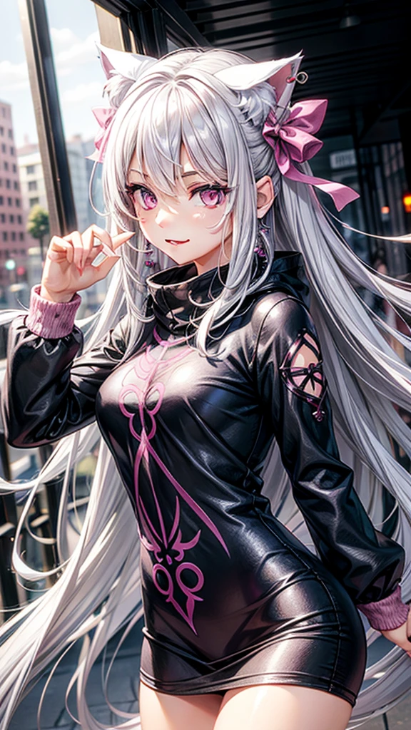 Silver hair, pink eyes, body, cat ears, woman, earrings, fantasy background, casual clothes, hair bows, happy face