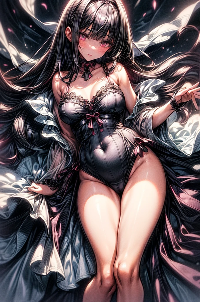 ((highest quality)),(ultra high resolution),(Super detailed),(detailed description),((best CG)),(best work of art),super precision art,great drawing art,(Art with precise details:1.5), (1 woman:1.5),beautiful and well-shaped face:1.5,(Beautiful skin with precise and detailed depiction:1.6),(Very precisely depicted Pyjama nightdress:1.5),provocative angle:1.6,gorgeous, beautiful young age girl, 13 ynned white skin, loose and flowing silky thigh-length negligee sleepwear, short shoulder length hair, sleek dark violet-black hair, Pixie cut hair, big round velvet colored eyes, fringe bangs over forehead, oval shaped face, sharp facial features, high-bridged nose, full cherry pink lips. medium height(172cm). D-cup breasts, small narrow waist. small delicate curvy hips, smooth silky thick thighs, large round ass, hourglass figure, slender and slim build, standing upright, full body picture, hip-level shot. classy and opulent bedroom setting