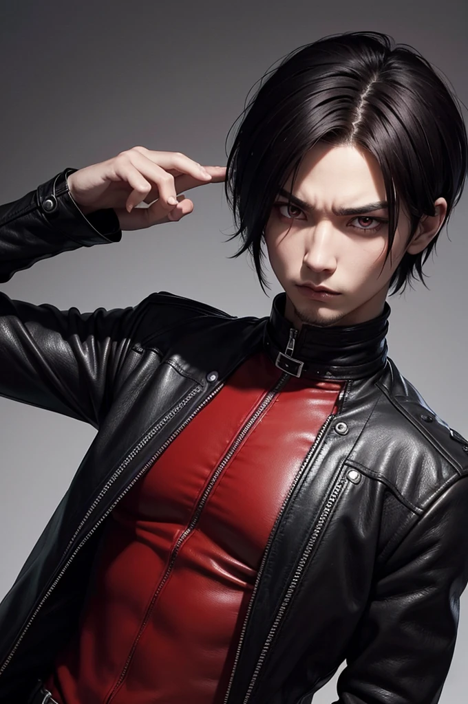 realistic style: round face, emo/goth man with short hair, with bright ¡¡RED EYES!!, long goatee and serious and intimidating expression, wearing leather clothing, muscular