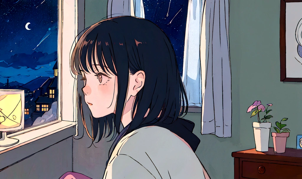 Lo-fi girl, listening to music, in her room looking out the window, gazing at the stars.

