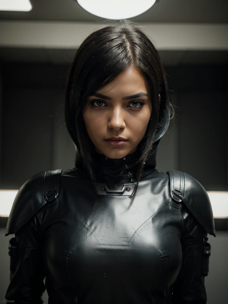 8K Raw photo, very realistic photo, (brunette girl, slim face, tanned skin, black hair, straight hair), evil girl in a futuristic leather army suit, , female Futuristic girl, Futuristic angry gorgeous goddess, seductive Futuristic dark fantasy, Futuristic girl, badass 8 k, , jet black haired Futuristic girl, Futuristic girl in hoodie, cinematic lighting, heavily lighted, bright light, sharp focus