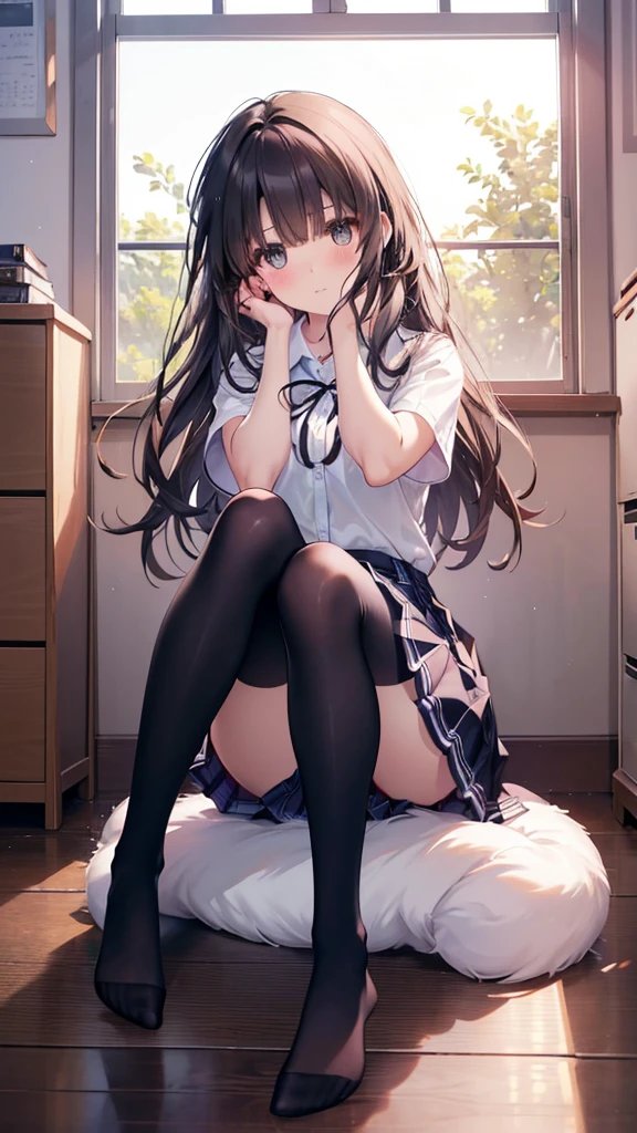 (8K、Best image quality、Highest quality、masterpiece)、One tall girl、((Full body))、Sit on the floor with your legs spread apart、White panties are visible、Long Hair、Wavy Hair、blush、Moderate bust、White collared shirt、Short sleeve、((Plaid pleated mini skirt))、Classroom Background、((black tights))、Black Pantyhose、((No shoes))