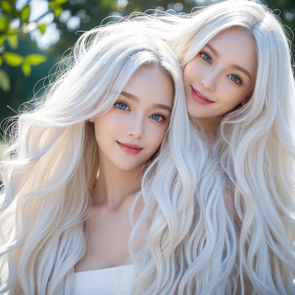 1 woman, White long curly hair,Natural and beautiful hair, clean and beautiful. White hair. Close lips. Blue natural eyes. Smile, happy.