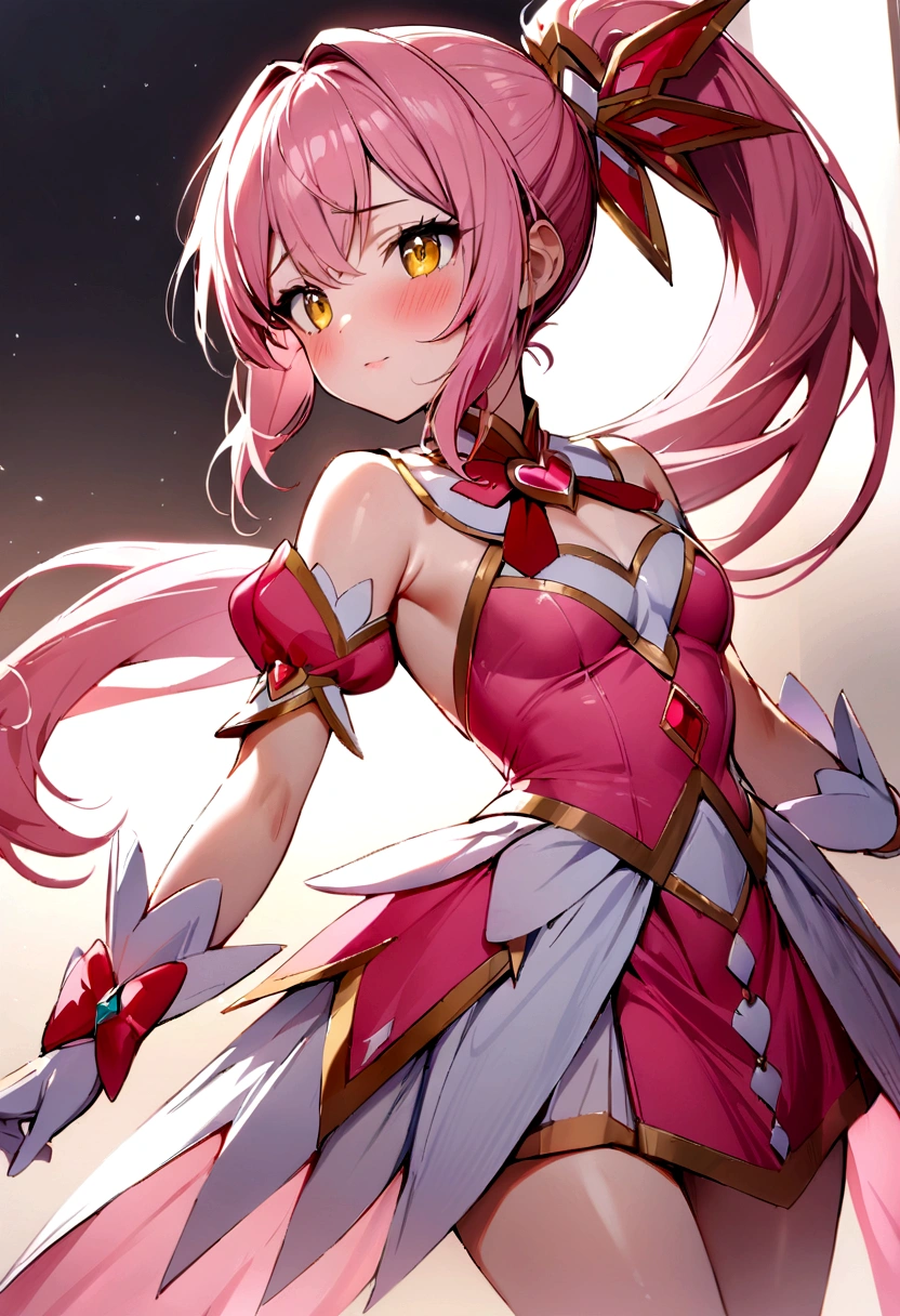 Masterpiece, Best Quality, 1 girl, gold eyes, pink hair in 1 long ponytail, wearing a magical girl outfit, full of accessories, gentle face, blush,light.