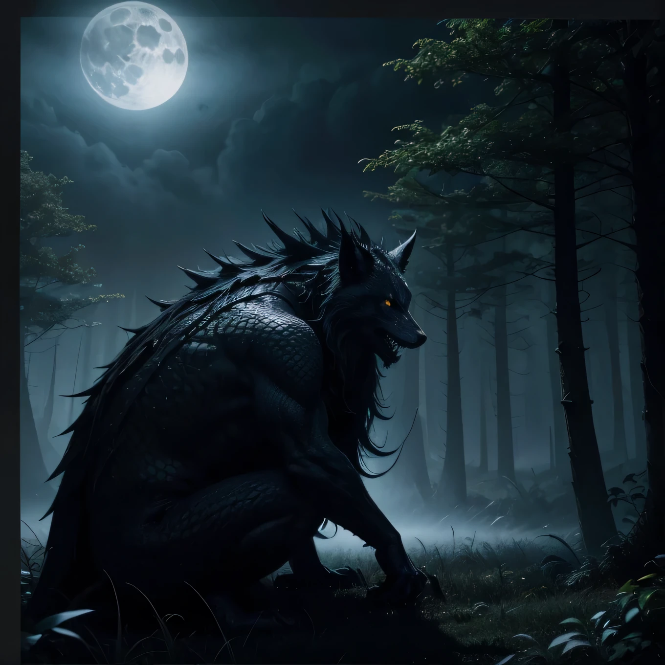 Imagine a dark and mysterious scene that captures the essence of monster legends. The image is centered on a dense, dark forest, shrouded in thick fog that hovers at ground level, adding a touch of mystery and suspense. No fundo, an ancient and imposing Gothic castle stands on a hill, with its towers and narrow windows, partially lit by a bright full moon that hides between dark, ominous clouds.In the foreground, on the edge of a shadowy lake whose waters distort the moonlight, There are silhouettes of assorted monsters lurking from the shadows. Among the trees and bushes, glare eyes, of different shapes and colors, watch carefully. The creatures include a werewolf with bristly fur, a ghost shrouded in a translucent veil and a dragon whose scales shimmer with an ominous glow.The use of dark and cold colors, como negro, dark blue and gray, dominates the image palette, with touches of red and orange to create a dramatic contrast. Light and shadow effects are carefully applied to add depth, with beams of moonlight piercing the fog and creating long, haunting shadows.